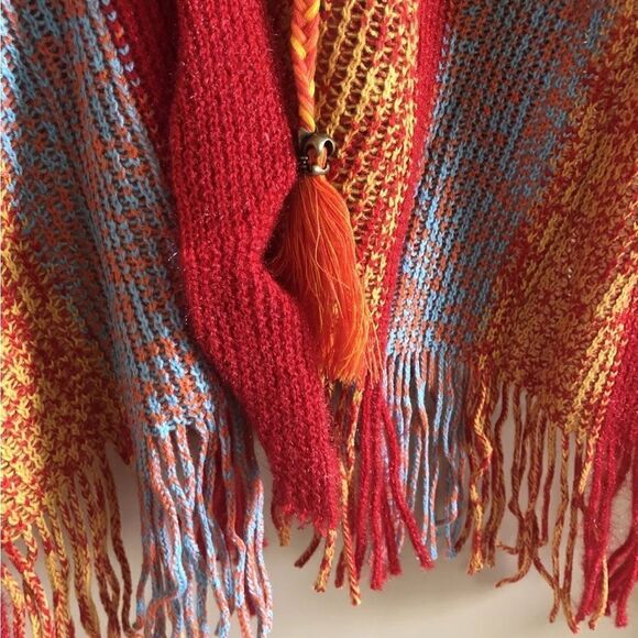 Red Multi color 2-Way Wear Fringe Sweater Wrap or Cardigan - Picture 3 of 8